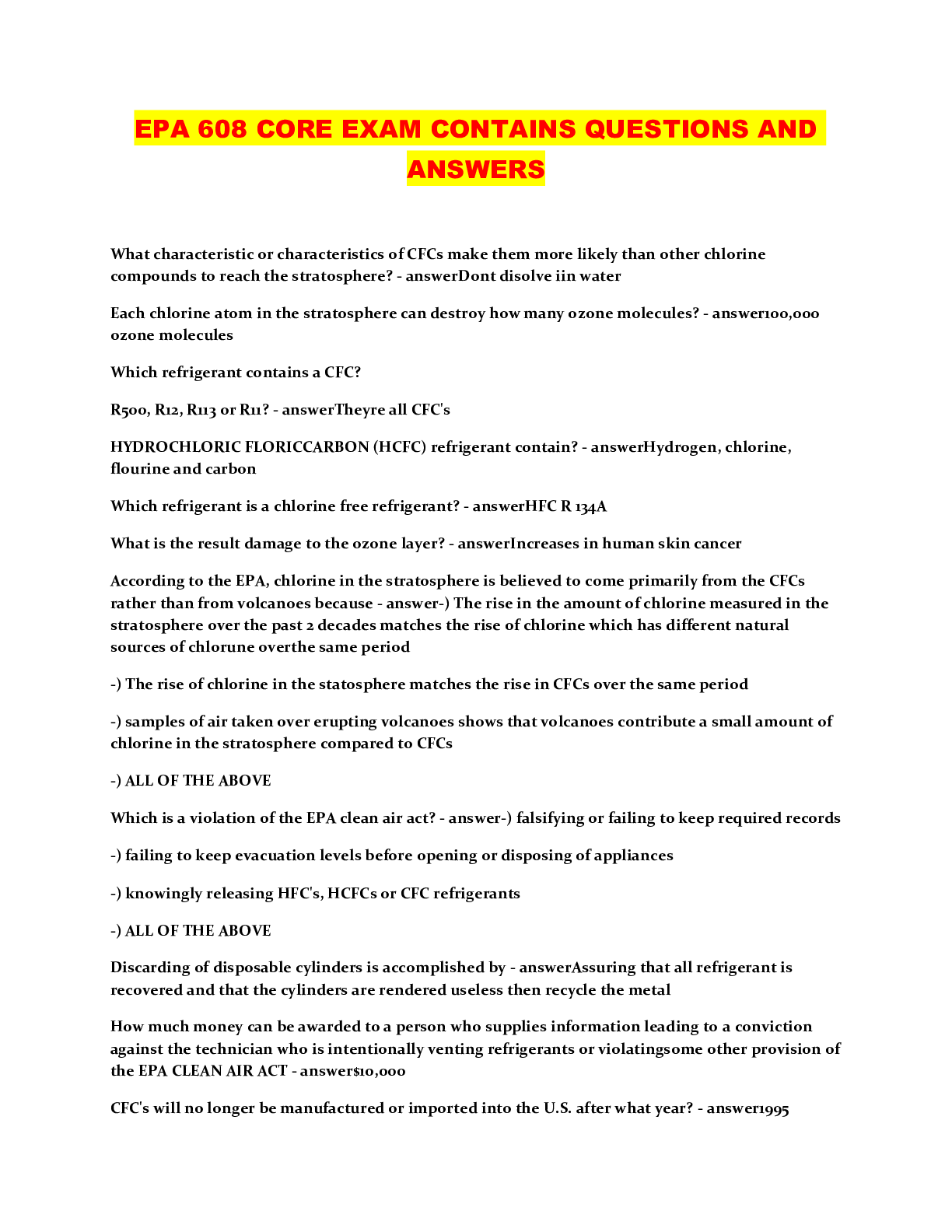 EPA 608 CORE EXAM CONTAINS QUESTIONS AND ANSWERS - Browsegrades
